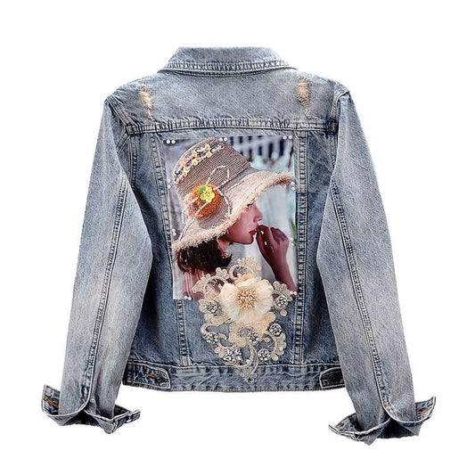 2024 New Autumn Women’S Denim Jacket Long Sleeve Overcoat Loose Three-Dimensional Button Pearls Outwear Ripped Jeans Jackets